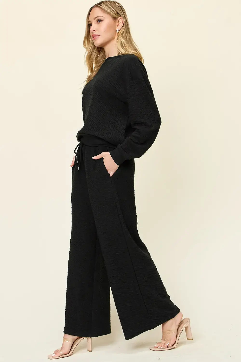 Double Take Full Size Texture Long Sleeve Top and Pants Set - Trendsi - Flyclothing LLC