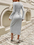 Devine Tied V-Neck Long Sleeve Sweater Dress - Trendsi - Flyclothing LLC
