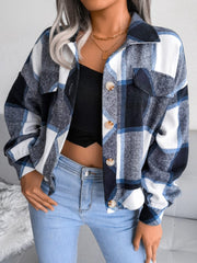 Plaid Collared Neck Long Sleeve Jacket - Trendsi