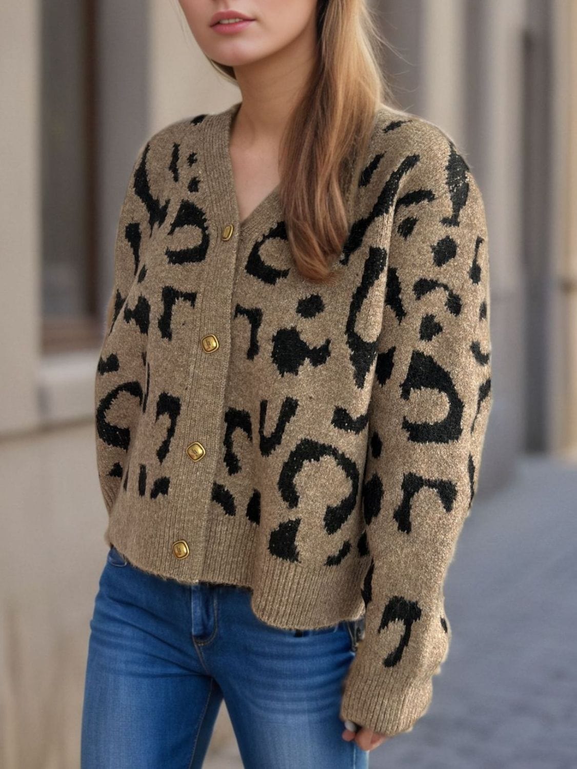 Leopard V-Neck Button Up Cardigan - Trendsi