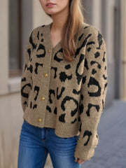 Leopard V-Neck Button Up Cardigan - Trendsi
