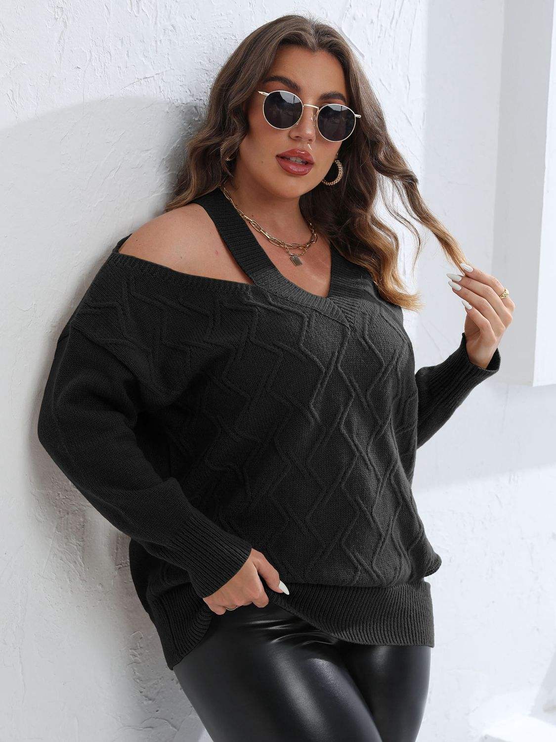 Plus Size Cutout V-Neck Sweater - Trendsi - Flyclothing LLC