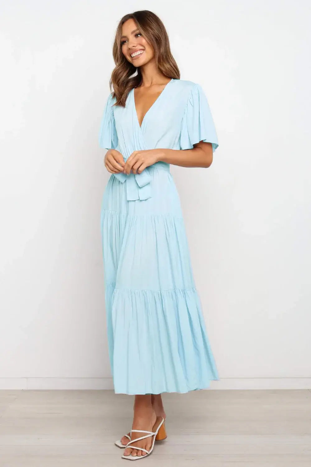 Tied Back Tiered Short Sleeve Midi Dress - Trendsi - Flyclothing LLC