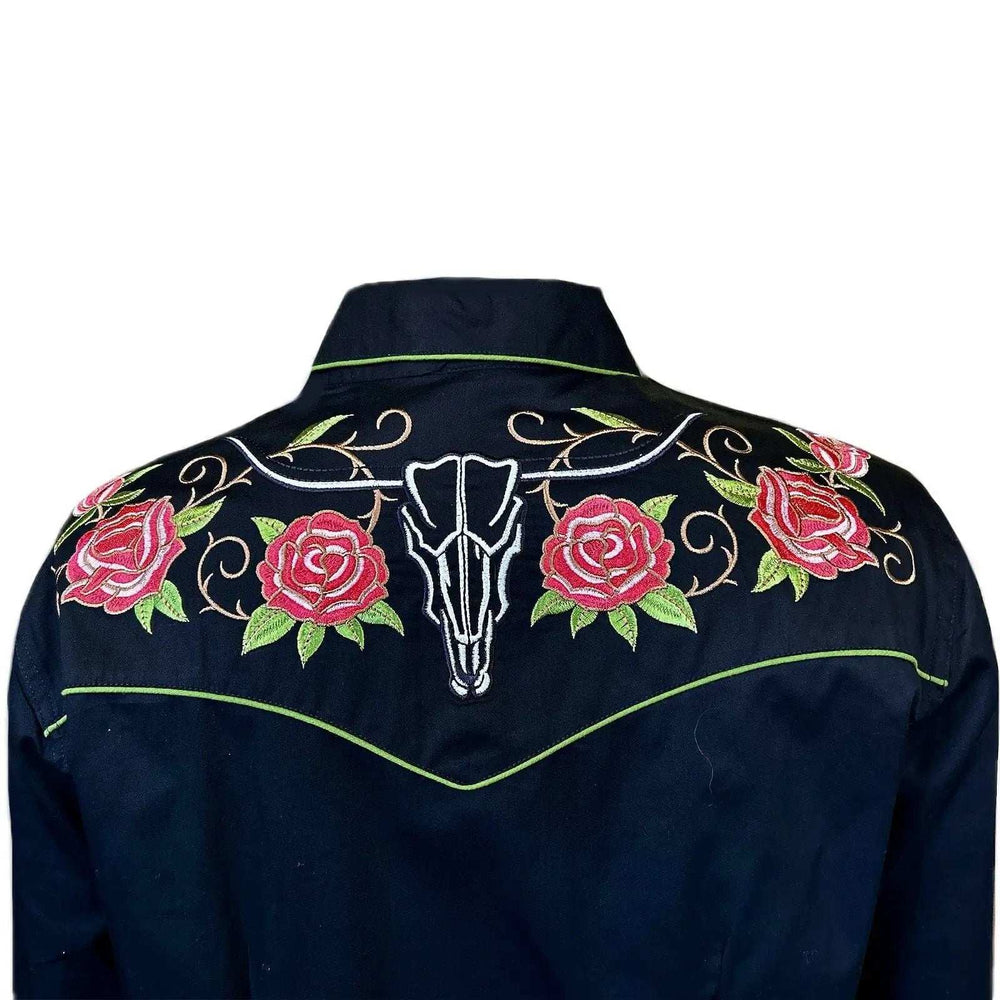 Rockmont Clothing Women's Steer Longhorn & Floral Embroidery Western Shirt in Black - Rockmount Clothing - Flyclothing LLC