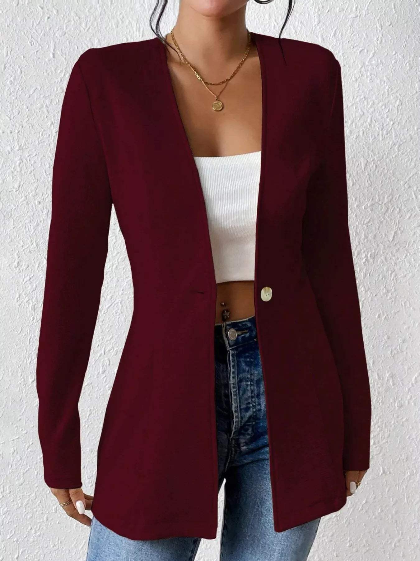 One Button Long Sleeve Blazer - Trendsi - Flyclothing LLC