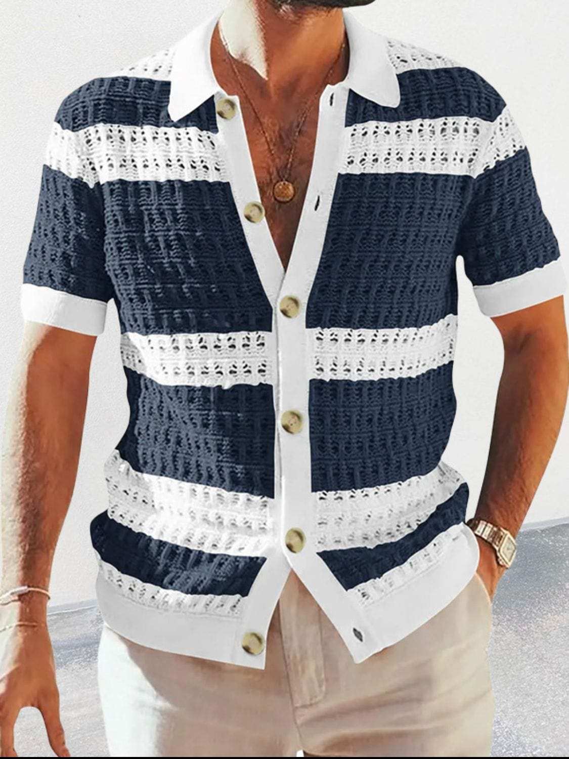 Men's Button Down Collared Neck Contrast Openwork Shirt - Trendsi - Flyclothing LLC