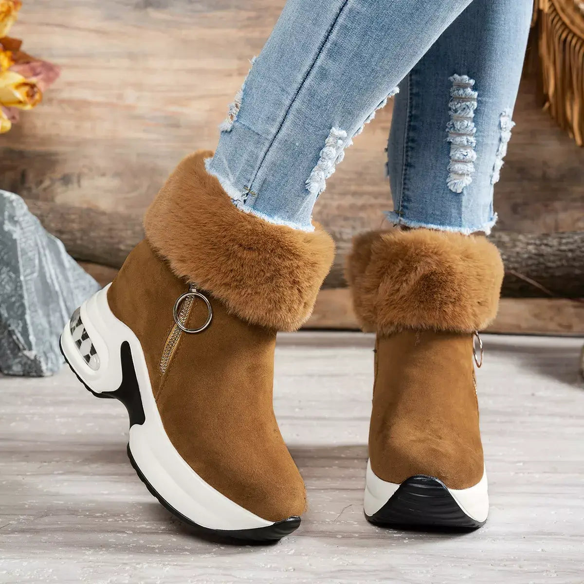 Fuzzy Side Zipper Platform Ankle Boots - Trendsi - Flyclothing LLC