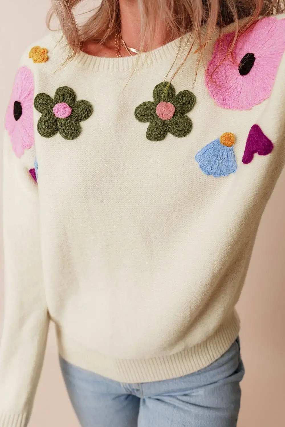 Crochet Flower Round Neck Dropped Shoulder Sweater - Trendsi - Flyclothing LLC