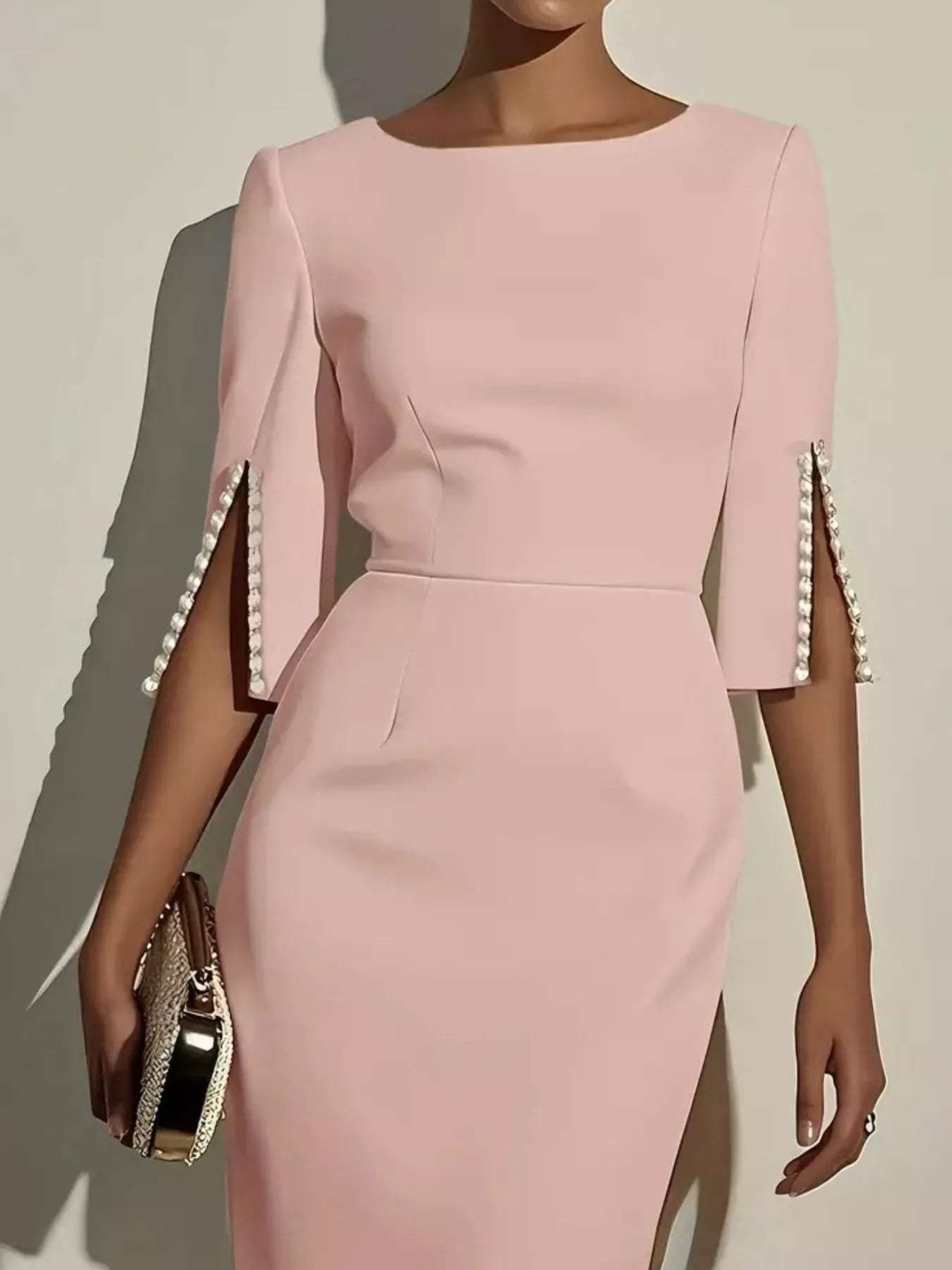 Slim-Fit Elegant Midi Dress with Beaded Slit Sleeve - Trendsi - Flyclothing LLC