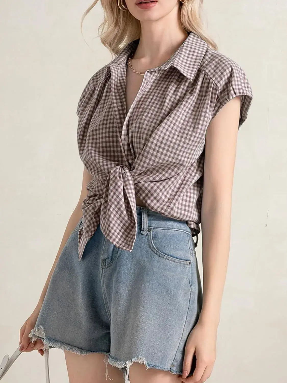 Plaid Button Up Cap Sleeve Shirt - Trendsi - Flyclothing LLC
