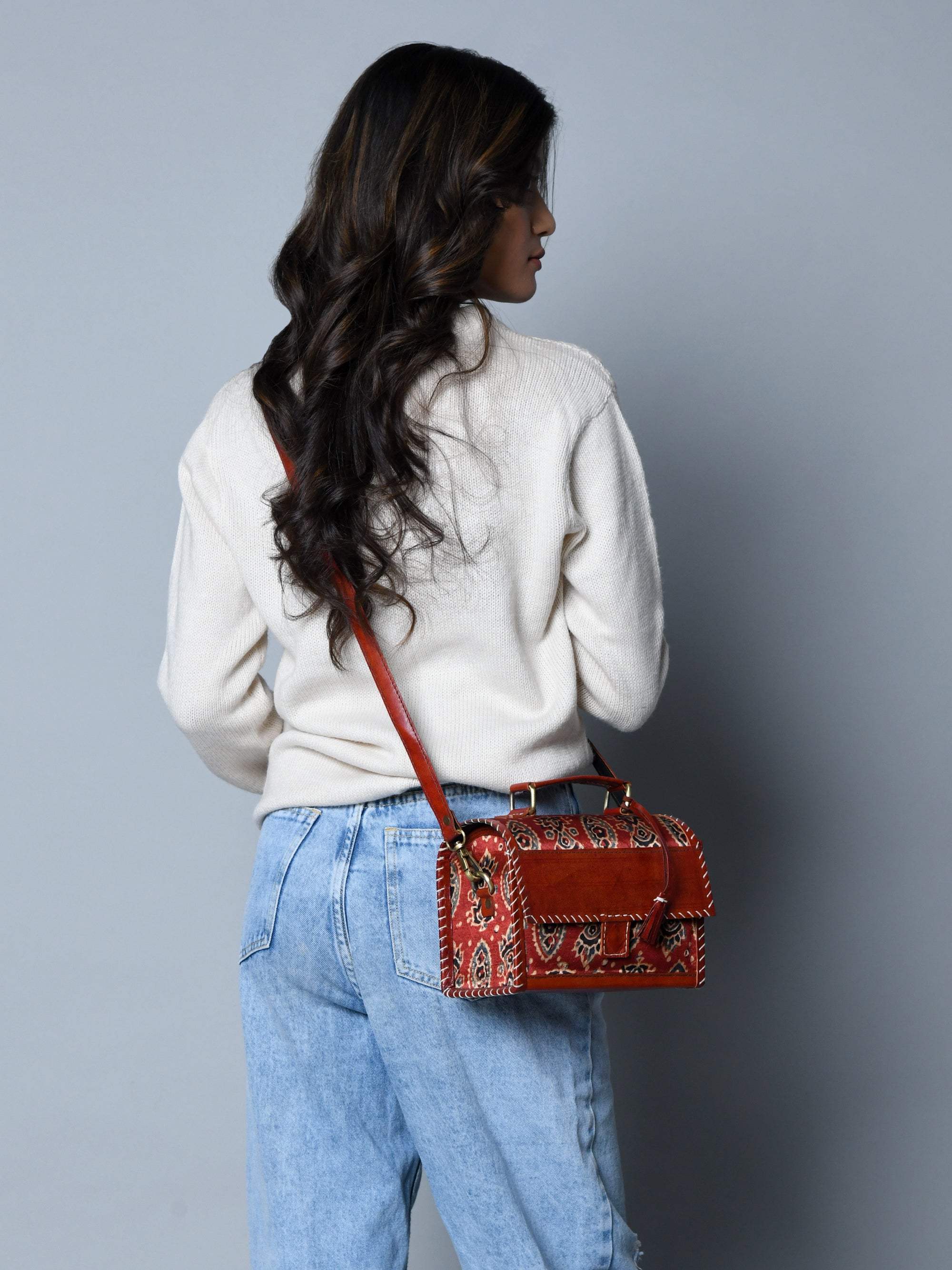 Maroon Mystique Ajrakh Satchel Purse - Classy Leather Bags - Flyclothing LLC
