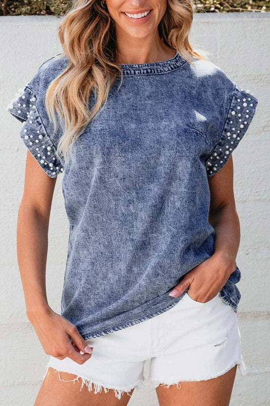 Pearl Trim Round Neck Cap Sleeve Denim Top - Trendsi - Flyclothing LLC