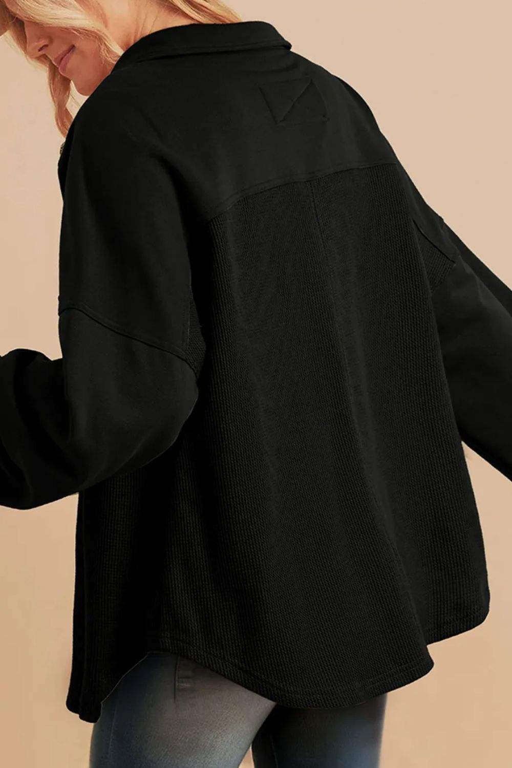 Waffle-Knit Collared Neck Long Sleeve Shacket - Trendsi - Flyclothing LLC