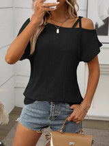 Eyelet Asymmetrical Shoulder Short Sleeve T-Shirt - Trendsi - Flyclothing LLC