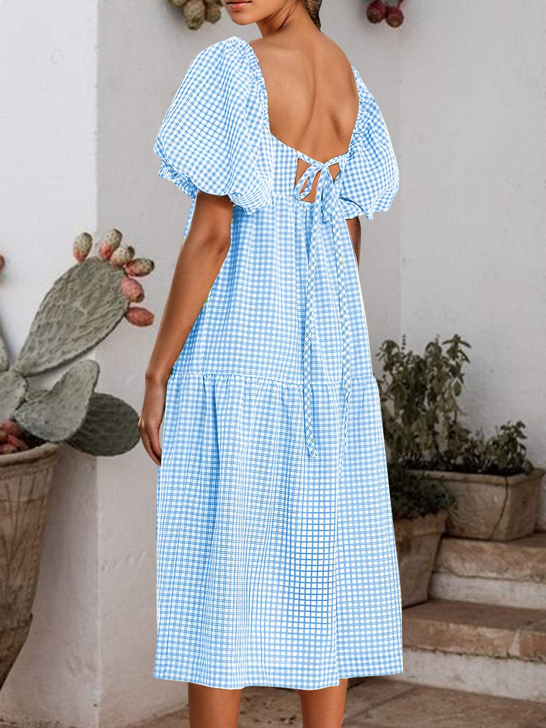 Plaid Square Neck Short Sleeve Dress - Trendsi - Flyclothing LLC