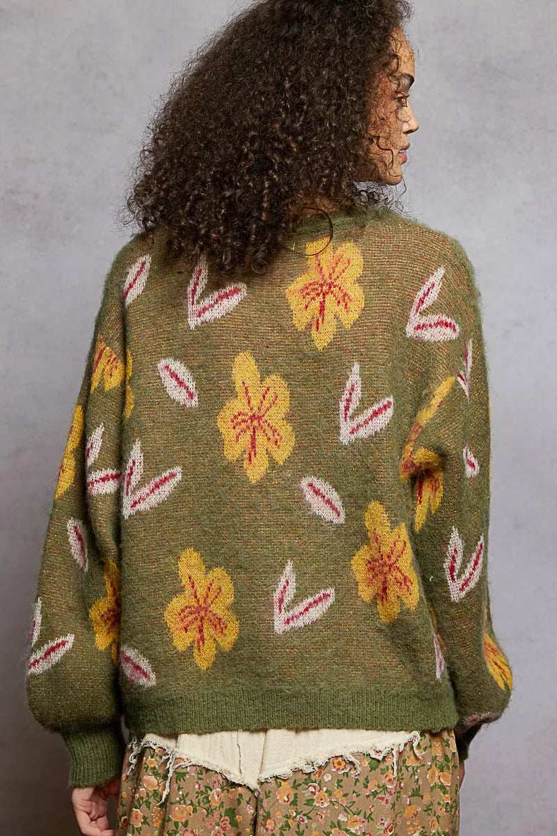 POL Floral Pattern Round Neck Balloon Sleeve Sweater - Trendsi - Flyclothing LLC