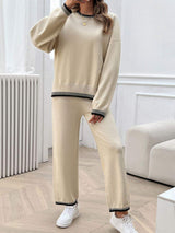 Round Neck Dropped Shoulder Top and Pants Sweater Set - Trendsi - Flyclothing LLC