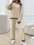 Round Neck Dropped Shoulder Top and Pants Sweater Set - Trendsi - Flyclothing LLC