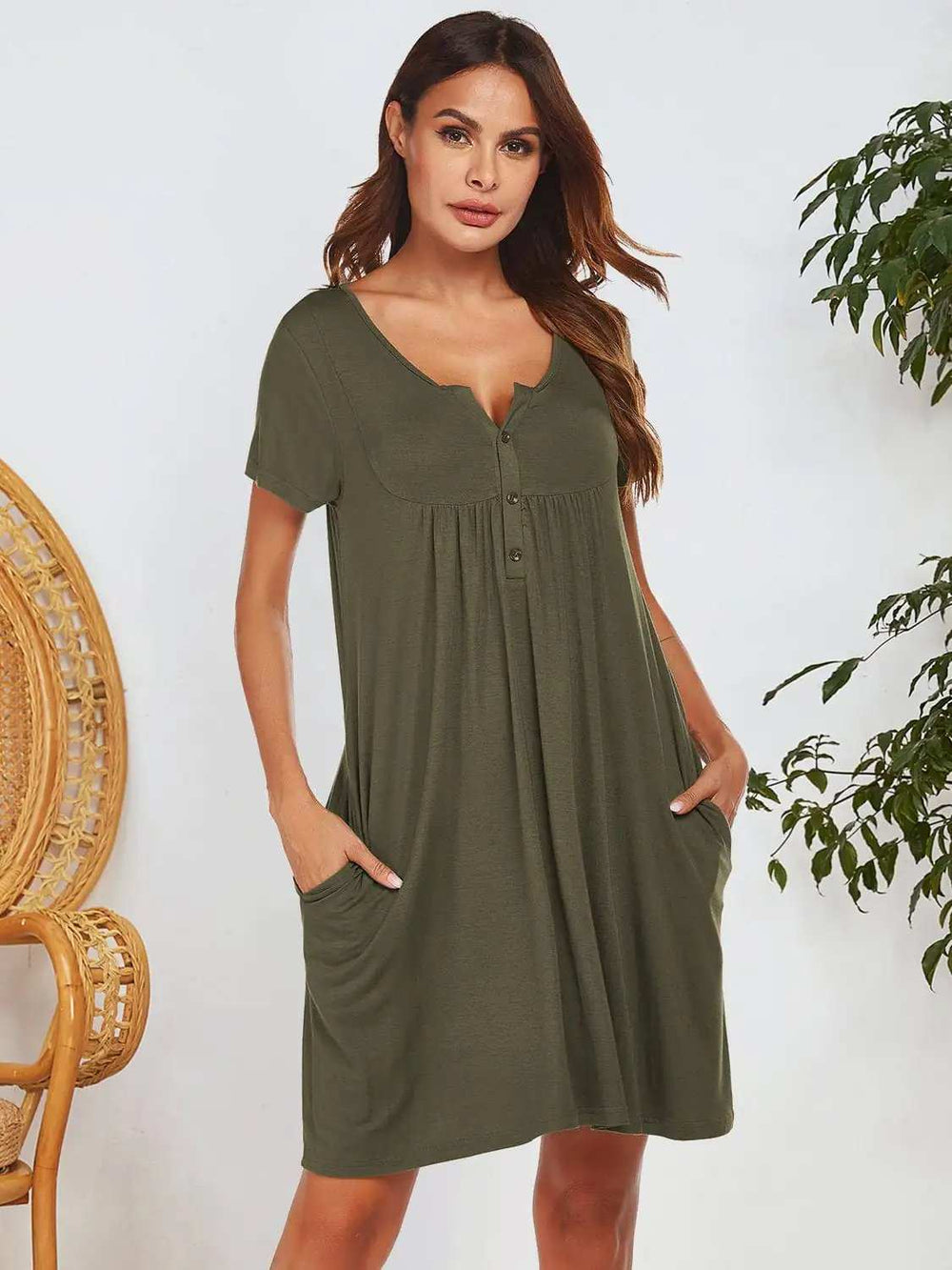 Notched Short Sleeve Mini Lounge Dress - Trendsi - Flyclothing LLC
