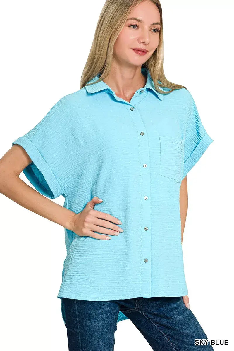 Zenana Woven Airflow Button Down Shirt - Trendsi - Flyclothing LLC