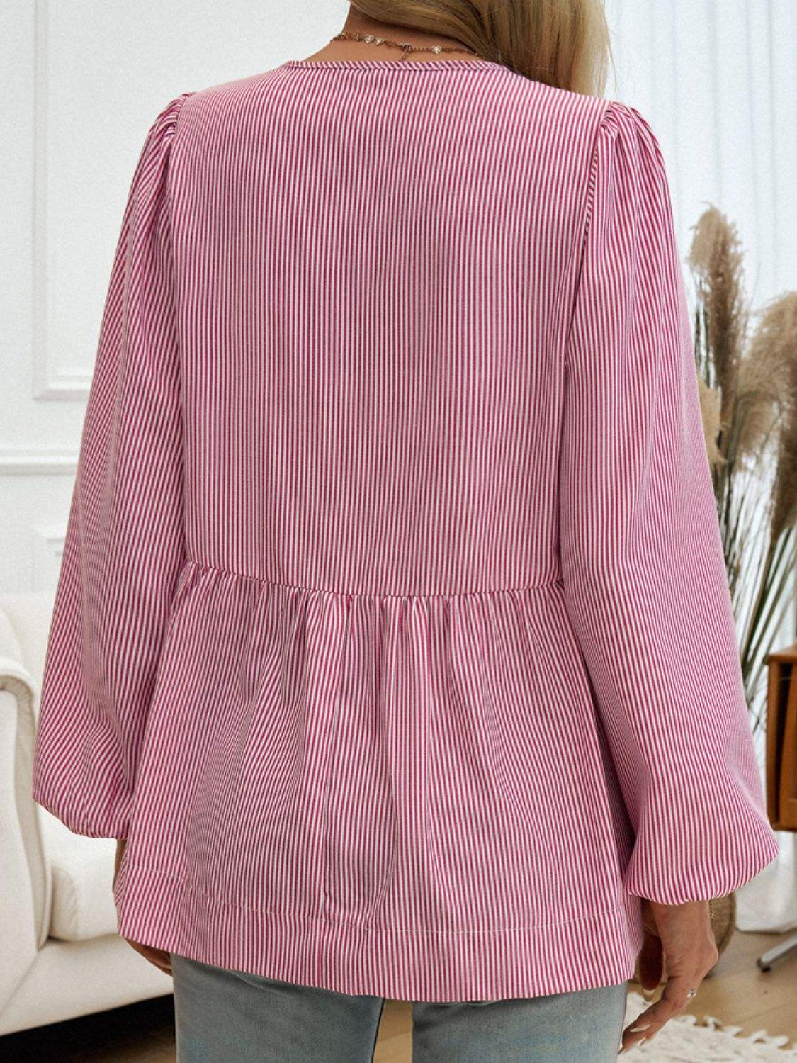 Devine Tied Striped Long Sleeve Blouse - Trendsi - Flyclothing LLC