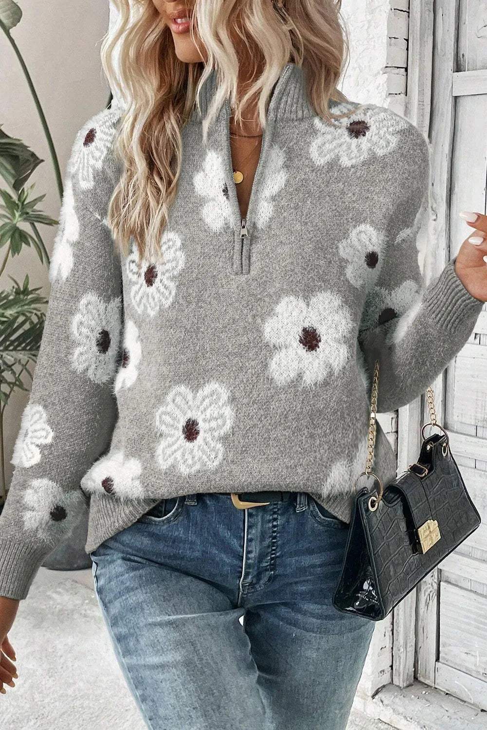 Flower Half Zip Long Sleeve Sweater - Trendsi - Flyclothing LLC