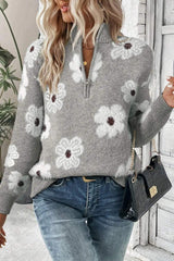Flower Half Zip Long Sleeve Sweater - Trendsi - Flyclothing LLC