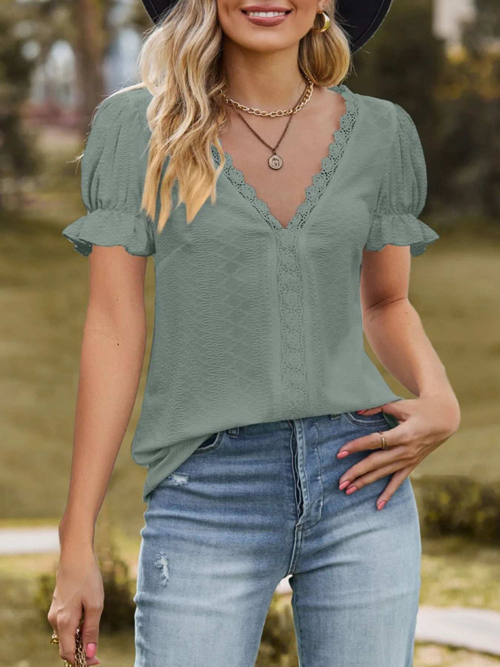 Lace Trim V-Neck Puff Sleeve Blouse - Trendsi - Flyclothing LLC