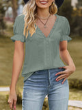 Lace Trim V-Neck Puff Sleeve Blouse - Trendsi - Flyclothing LLC