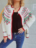 Contrast Geometric Round Neck Long Sleeve Cardigan - Trendsi - Flyclothing LLC
