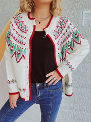 Contrast Geometric Round Neck Long Sleeve Cardigan - Trendsi