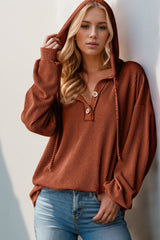 Double Take Full Size Half Button Long Sleeve Hoodie - Trendsi