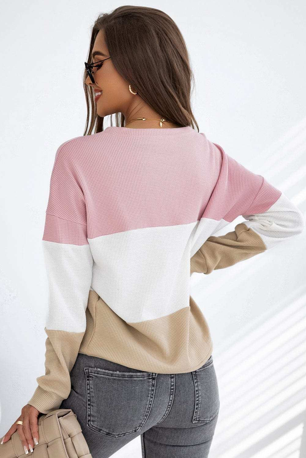 Color Block Waffle Knit Long Sleeve Top - Trendsi - Flyclothing LLC