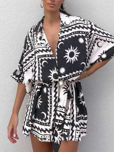 Printed Tie Waist Half Sleeve Romper - Trendsi - Flyclothing LLC