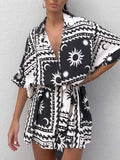 Printed Tie Waist Half Sleeve Romper - Trendsi