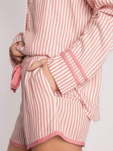 Striped Collared Neck Long Sleeve Top and Shorts Lounge Set - Trendsi - Flyclothing LLC