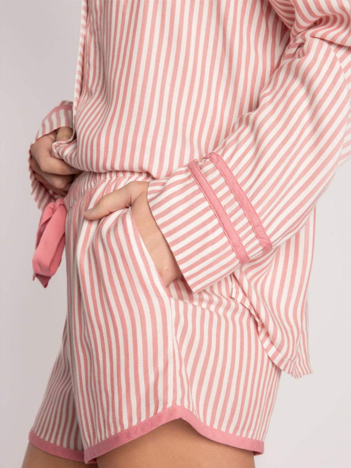 Striped Collared Neck Long Sleeve Top and Shorts Lounge Set - Trendsi - Flyclothing LLC
