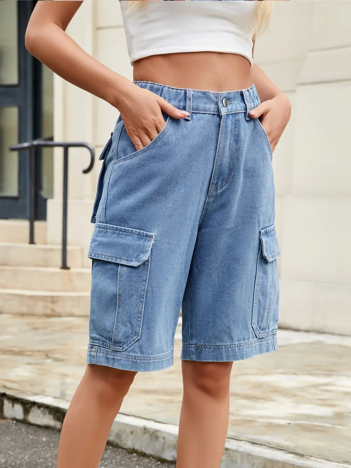 High Waist Denim Shorts with Pockets - Trendsi - Flyclothing LLC