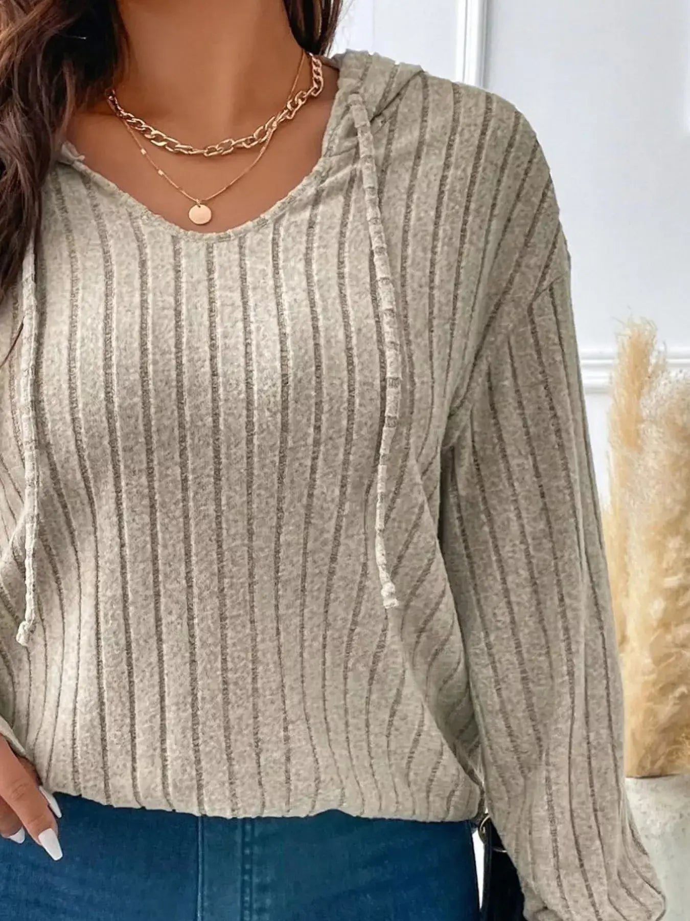Ribbed Knit Drawstring Hooded T-Shirt - Trendsi - Flyclothing LLC