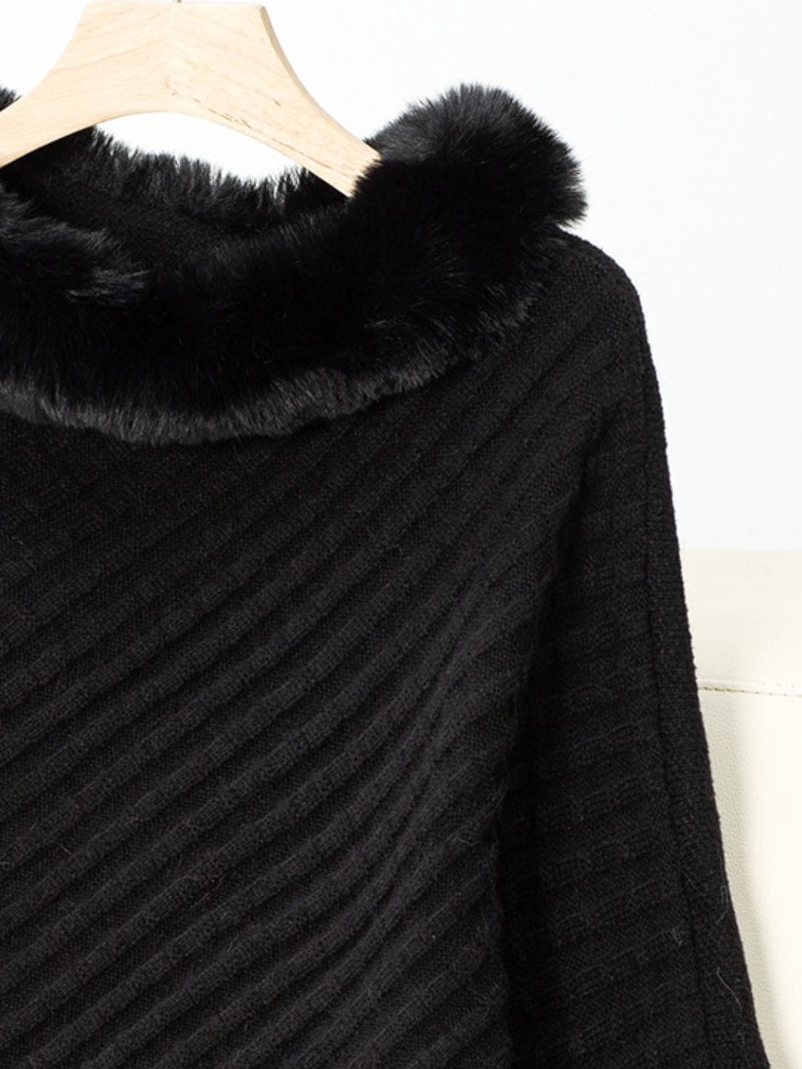 Fuzzy Trim Texture Three-Quarter Sleeve Poncho - Trendsi
