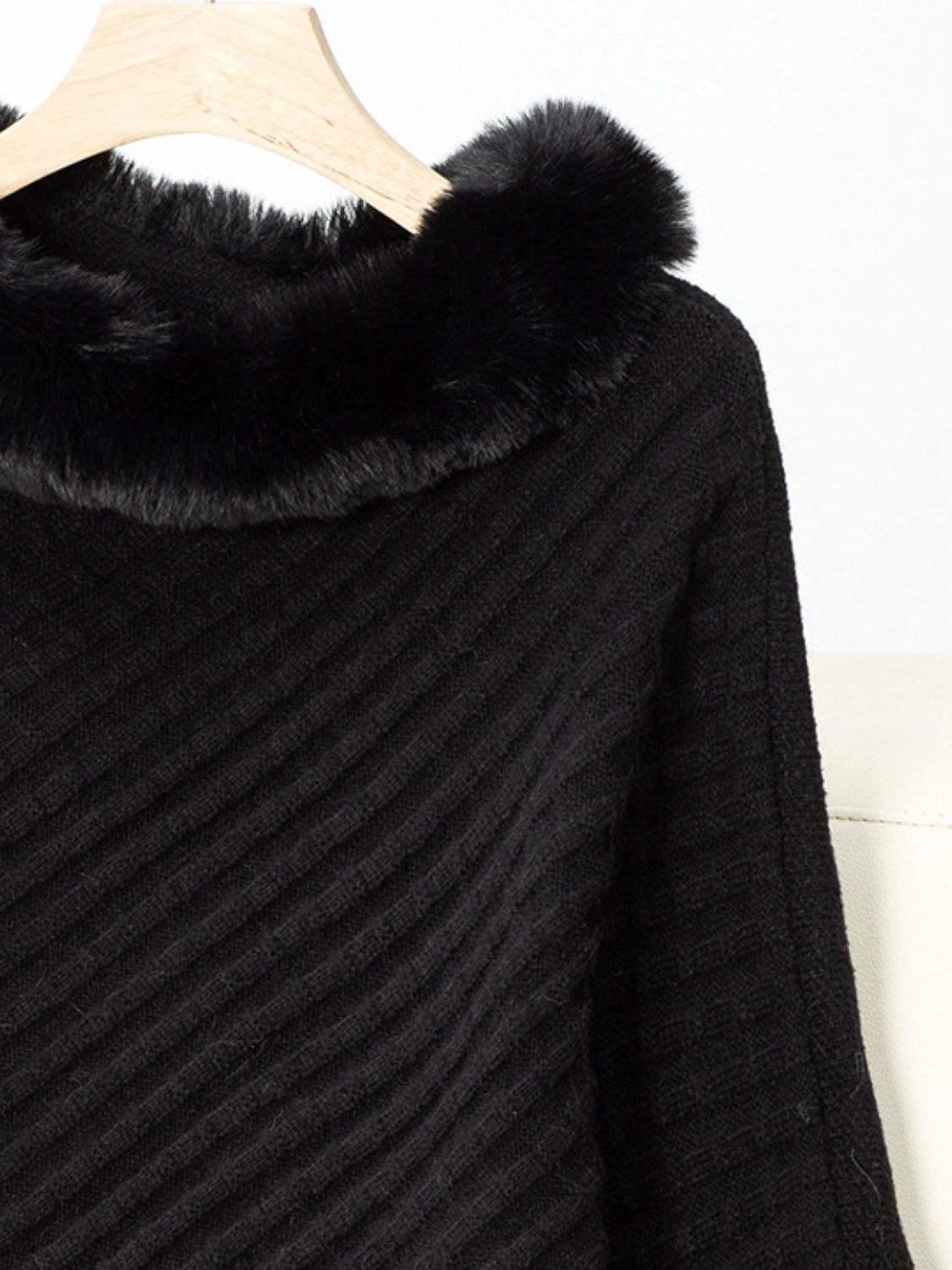 Fuzzy Trim Texture Three-Quarter Sleeve Poncho - Trendsi - Flyclothing LLC