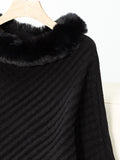 Fuzzy Trim Texture Three-Quarter Sleeve Poncho - Trendsi