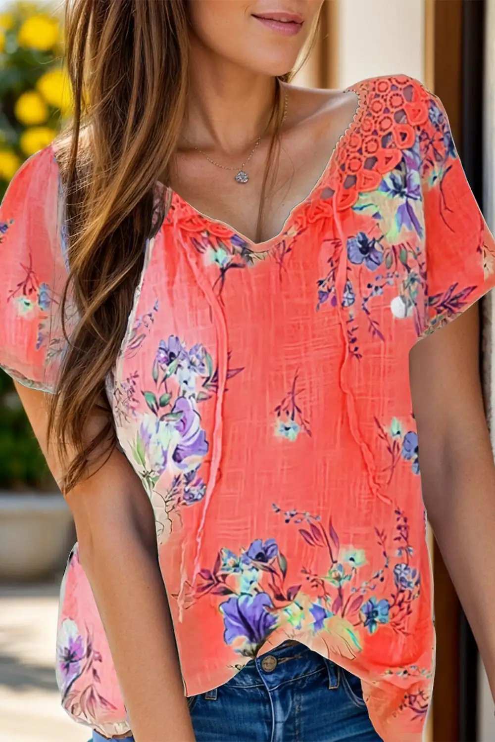 Full Size Printed Tie Neck Short Sleeve Blouse - Trendsi - Flyclothing LLC