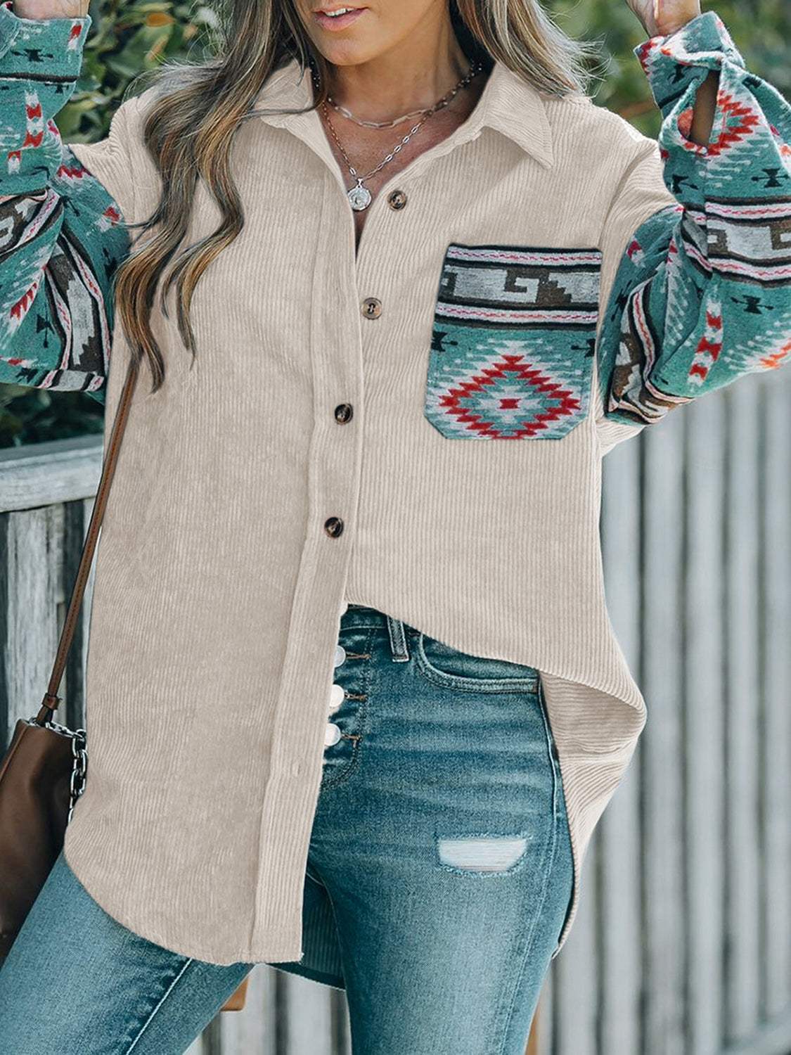 Perfee Pocketed Geometric Collared Neck Shacket - Trendsi - Flyclothing LLC