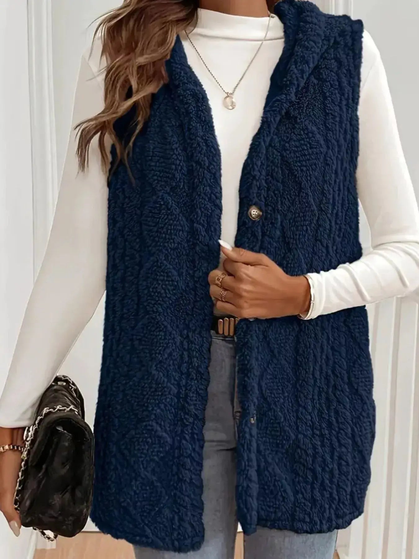 Button Up Plush Hooded Vest Coat - Trendsi - Flyclothing LLC