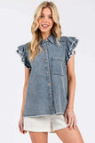 Mittoshop Washed Denim Ruffle Short Sleeve Collared Shirt - Trendsi - Flyclothing LLC
