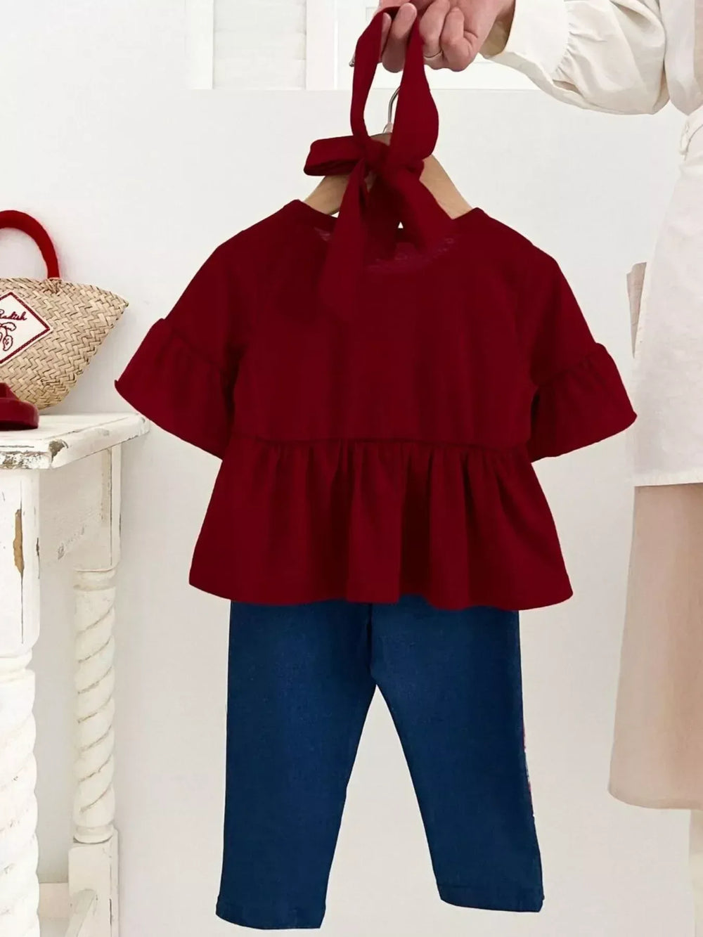 Children's Ruffle Sleeve Top & Floral Patch Pants Set - Trendsi - Flyclothing LLC