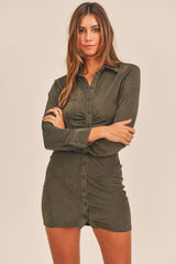 MABLE Front Ruched Button-Down Skinny Mini Shirt Dress - Trendsi