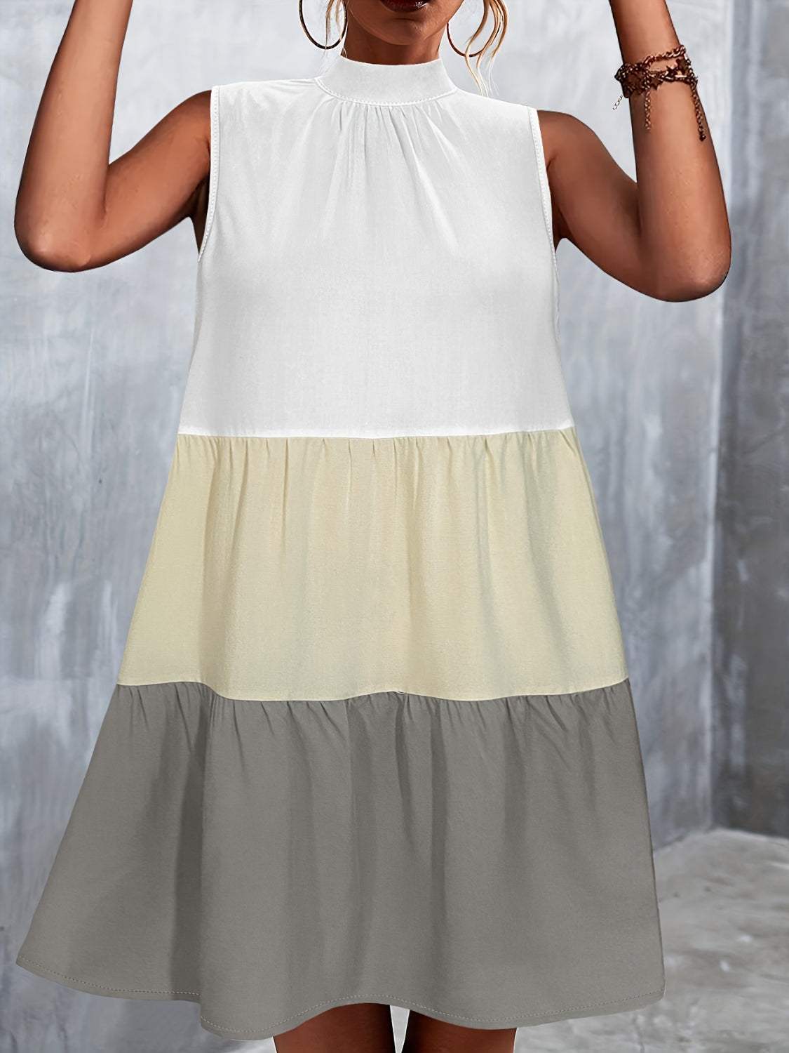 Tied Color Block Mock Neck Sleeveless Dress - Trendsi - Flyclothing LLC