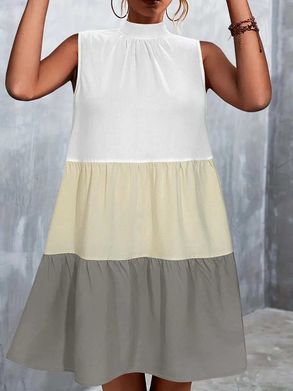 Tied Color Block Mock Neck Sleeveless Dress - Trendsi - Flyclothing LLC